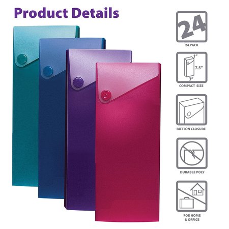 Better Office Products Slider Pencil Case, Semi-Rigid Poly Plastic W/Button Snap Closure, Assorted Colors, 24PK 21700